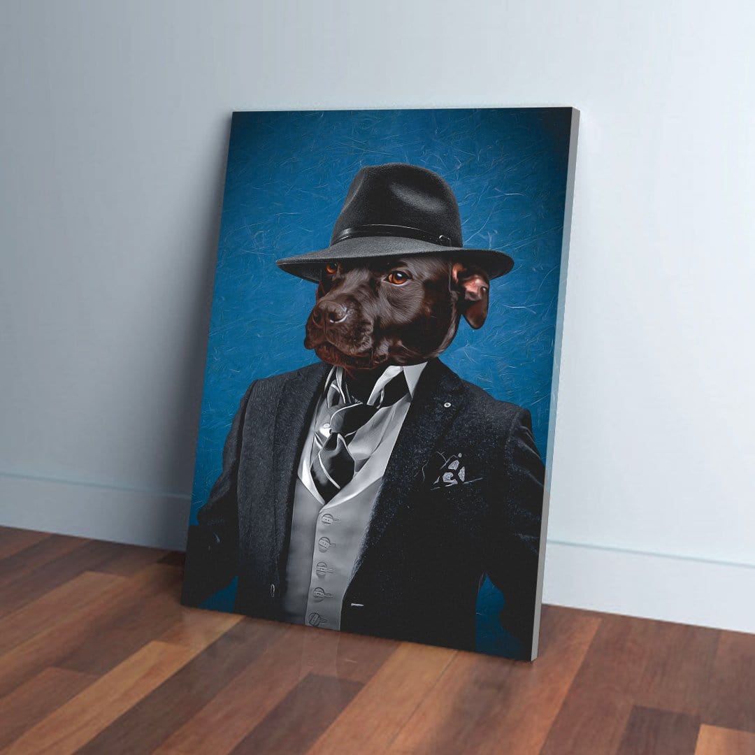 Personalized 'Mobster' pet canvas featuring a dog in a black fedora and suit against a blue background.