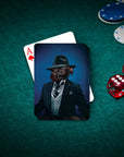 Personalized "Mobster" playing cards featuring a dog in a suit and fedora on a green poker table.