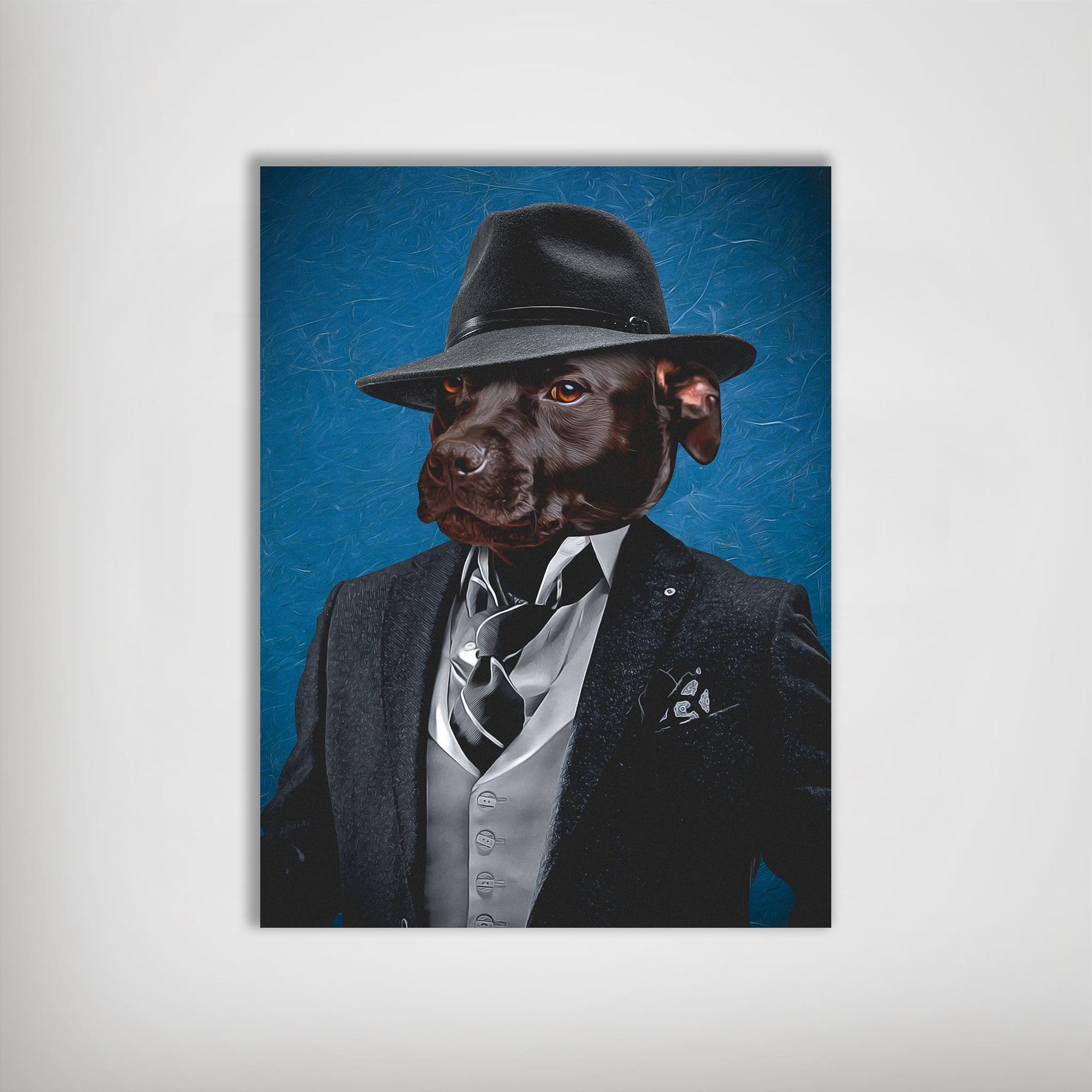 Personalized pet poster featuring a chocolate lab's head on a mobster's body in a black suit and fedora.