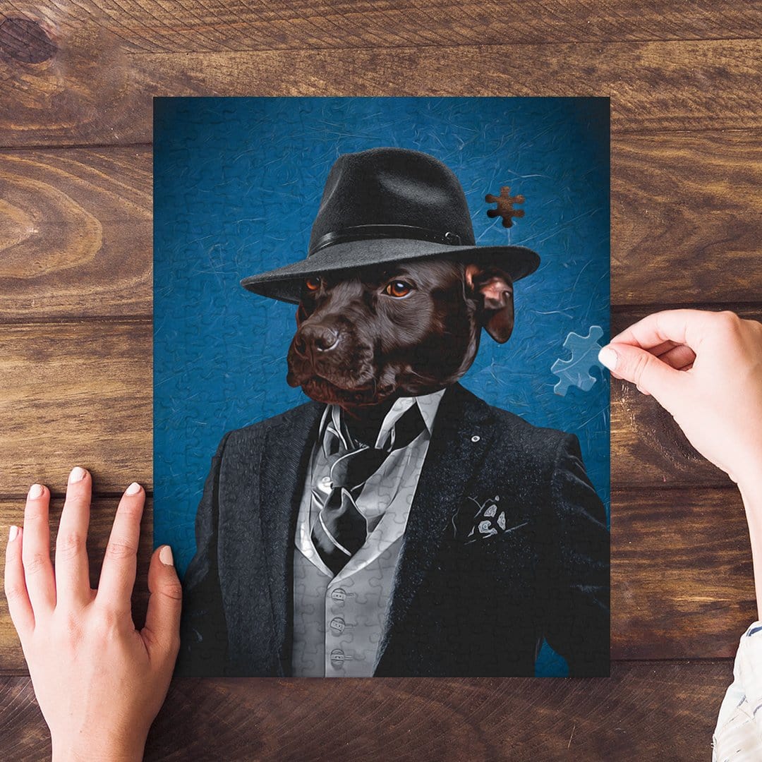 Personalized pet puzzle featuring a dog in a mobster suit and fedora against a blue background.
