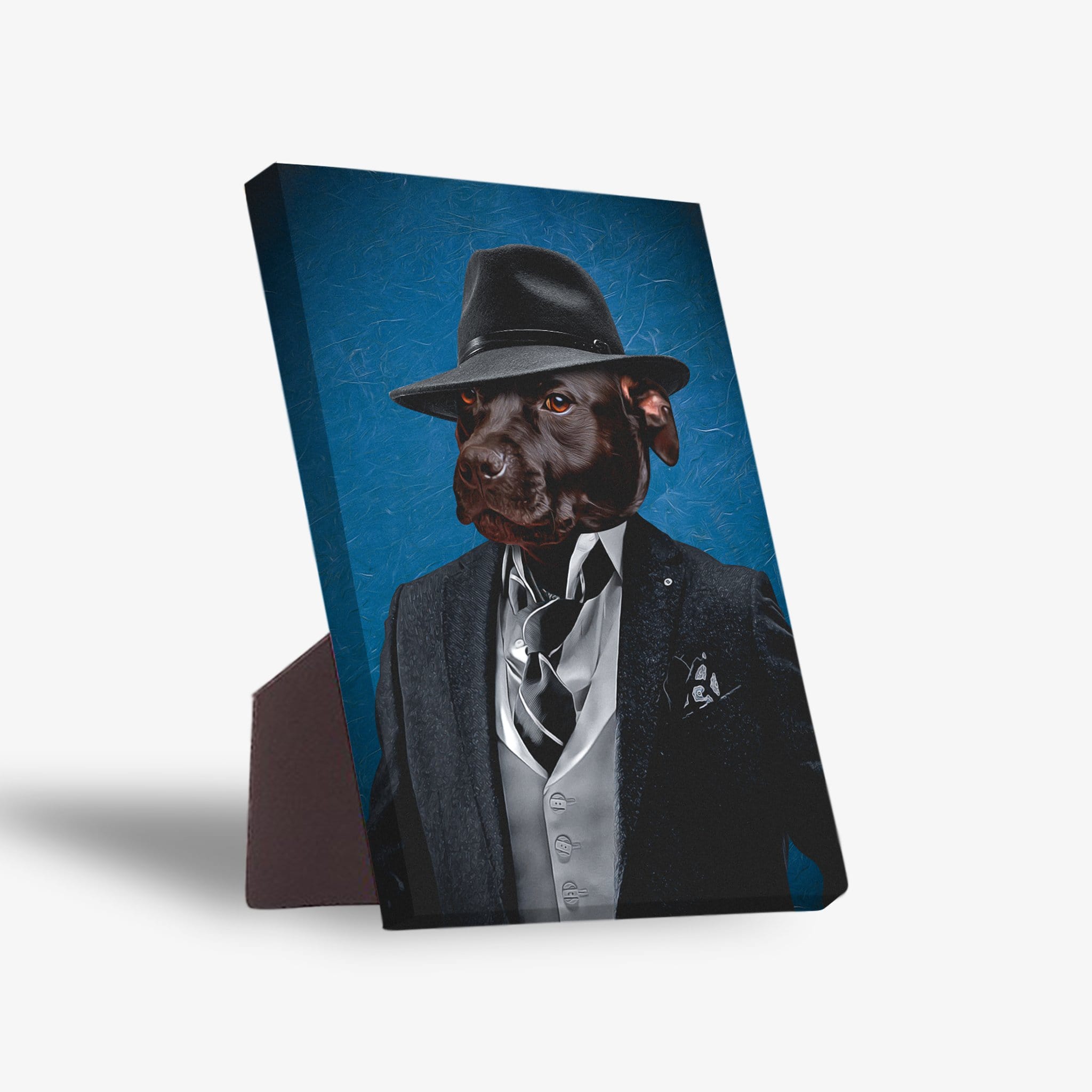 Personalized pet standing canvas featuring a brown dog in a black mobster suit and fedora against a blue background.