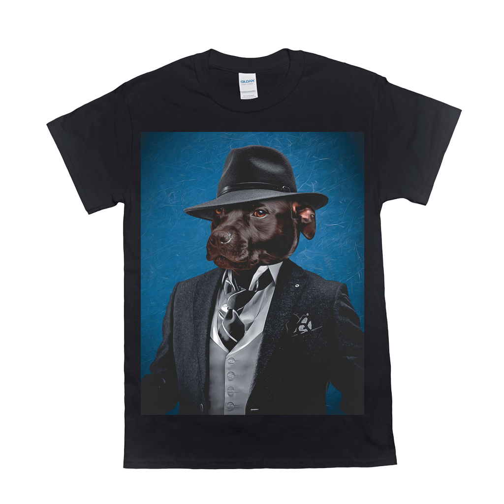 Black Gildan t-shirt with a personalized "Mobster" pet design featuring a dog in a suit and fedora.