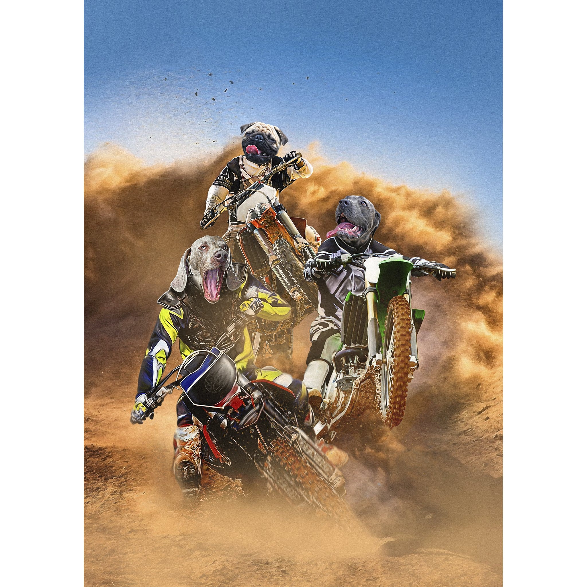 Custom digital portrait of three pets with dog heads riding motocross bikes in a desert.