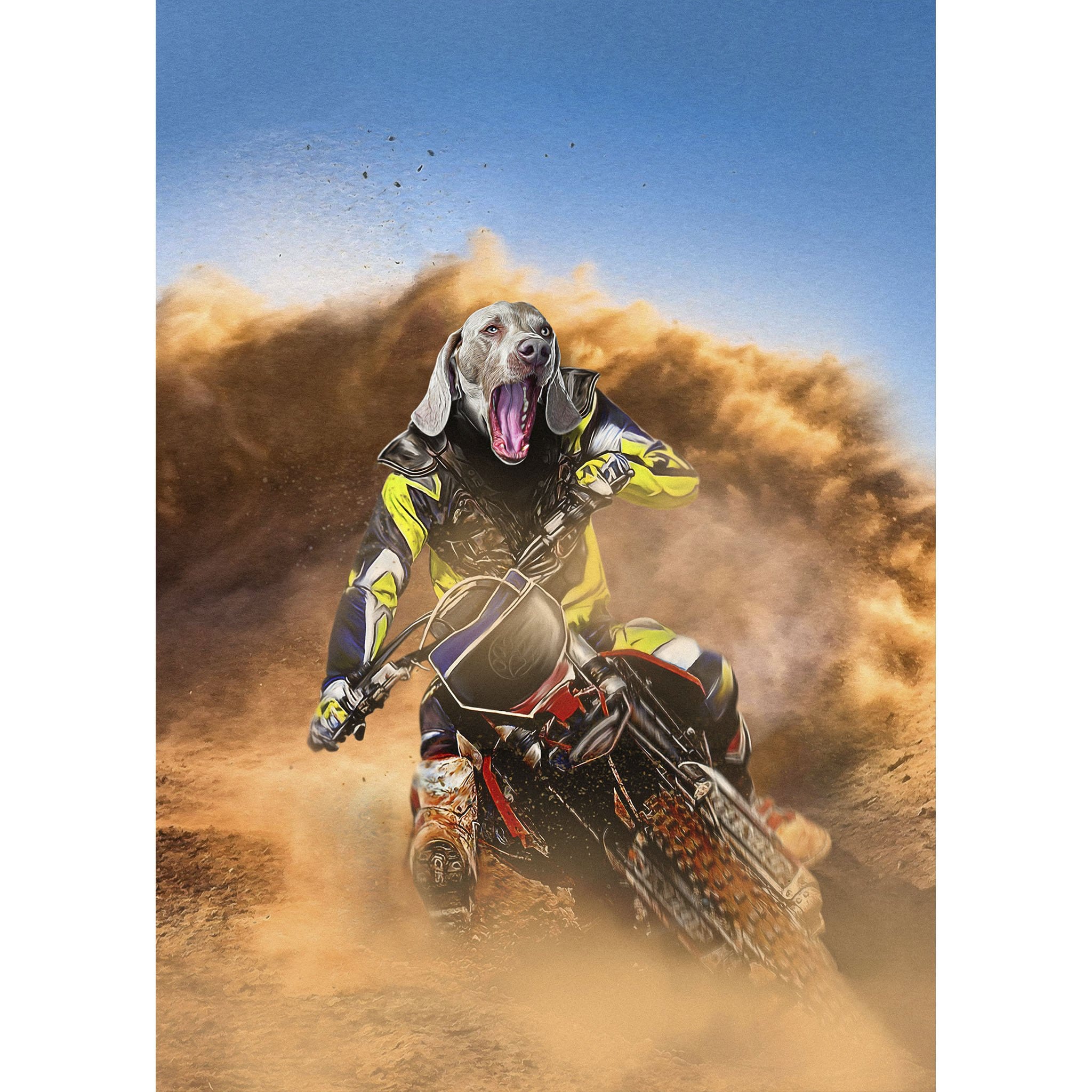 Custom digital portrait of a dog's head on a motocross rider in a desert race.