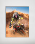 Personalized pet poster featuring a Weimaraner's head on a motocross rider, kicking up dirt.