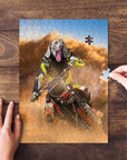 Personalized pet puzzle featuring a dog's head on a motocross rider, with a hand placing a piece.