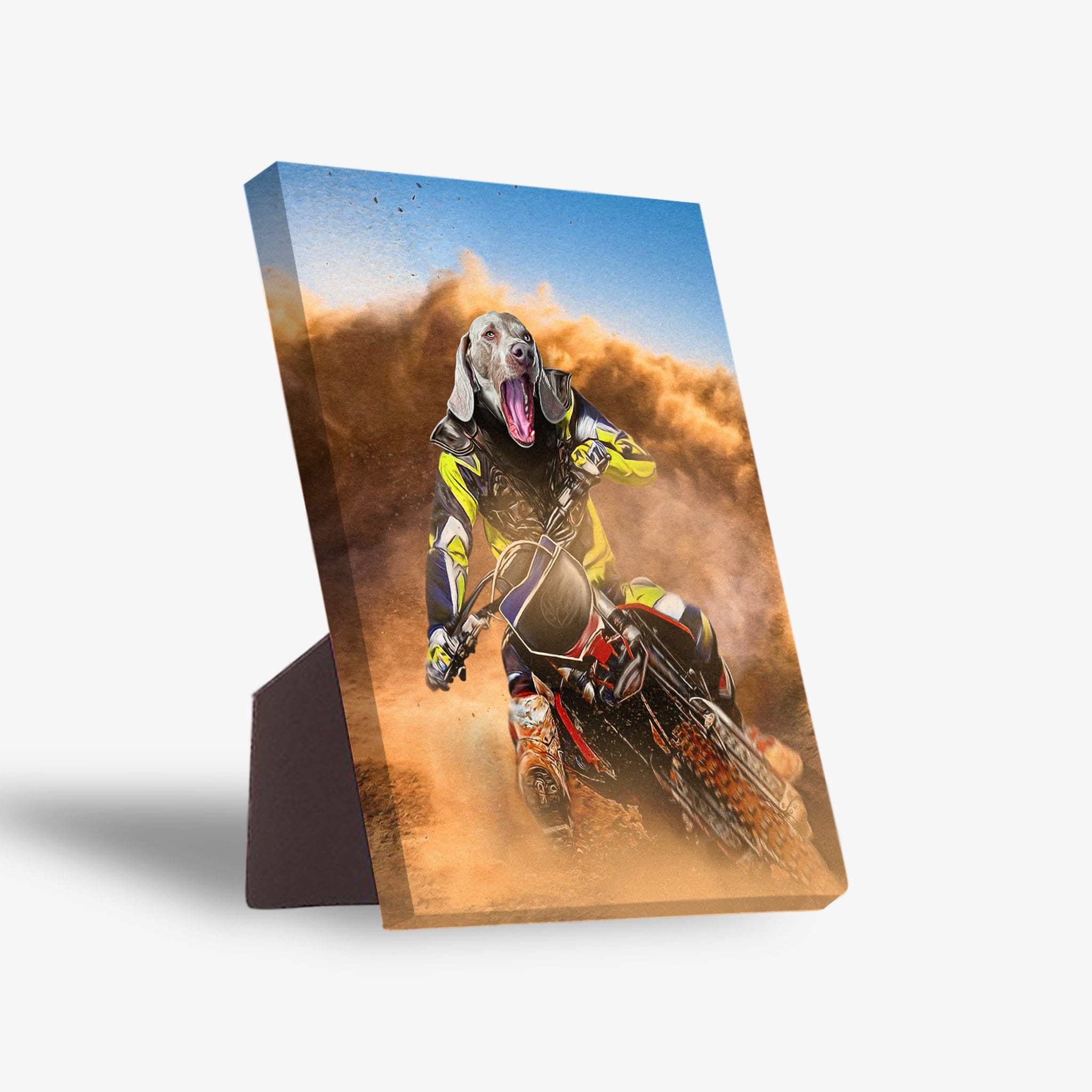 Personalized pet standing canvas featuring a Weimaraner dog's head on a motocross rider, kicking up dirt.