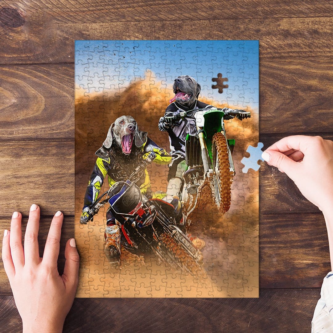 Personalized 2-pet puzzle featuring dogs as motocross riders in a dusty scene.