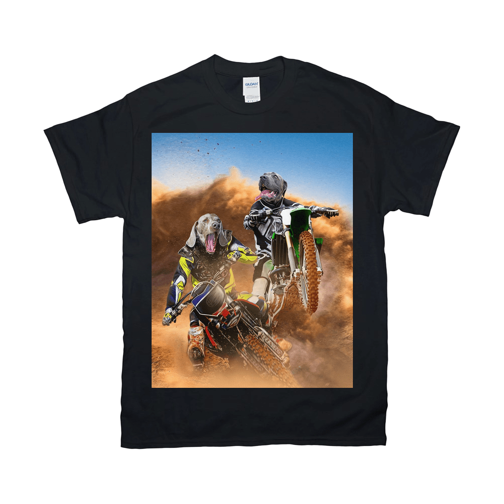Black Gildan t-shirt with two personalized pet motocross riders in a dusty race.