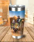 Personalized stainless steel tumbler with two dogs as motocross riders in a dusty scene.