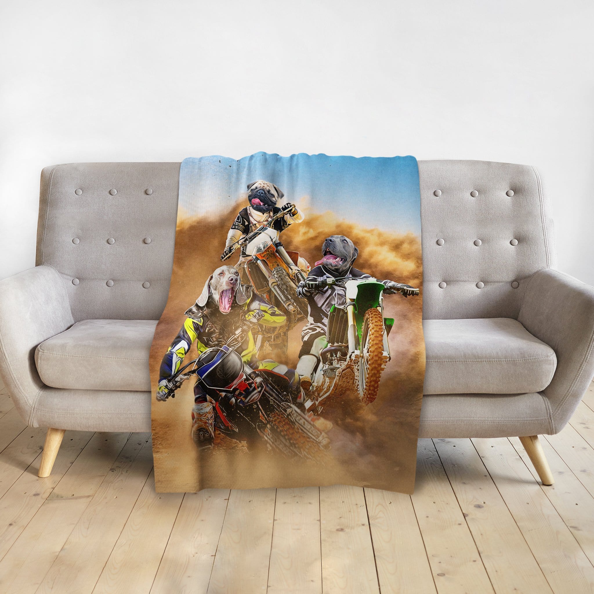 Personalized 3-pet motocross portrait blanket featuring dogs on dirt bikes in a dusty race.