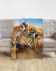 Personalized 3-pet motocross portrait blanket featuring dogs on dirt bikes in a dusty race.