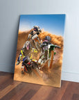Personalized 3-pet canvas featuring dogs as motocross riders kicking up dust on a dirt track.