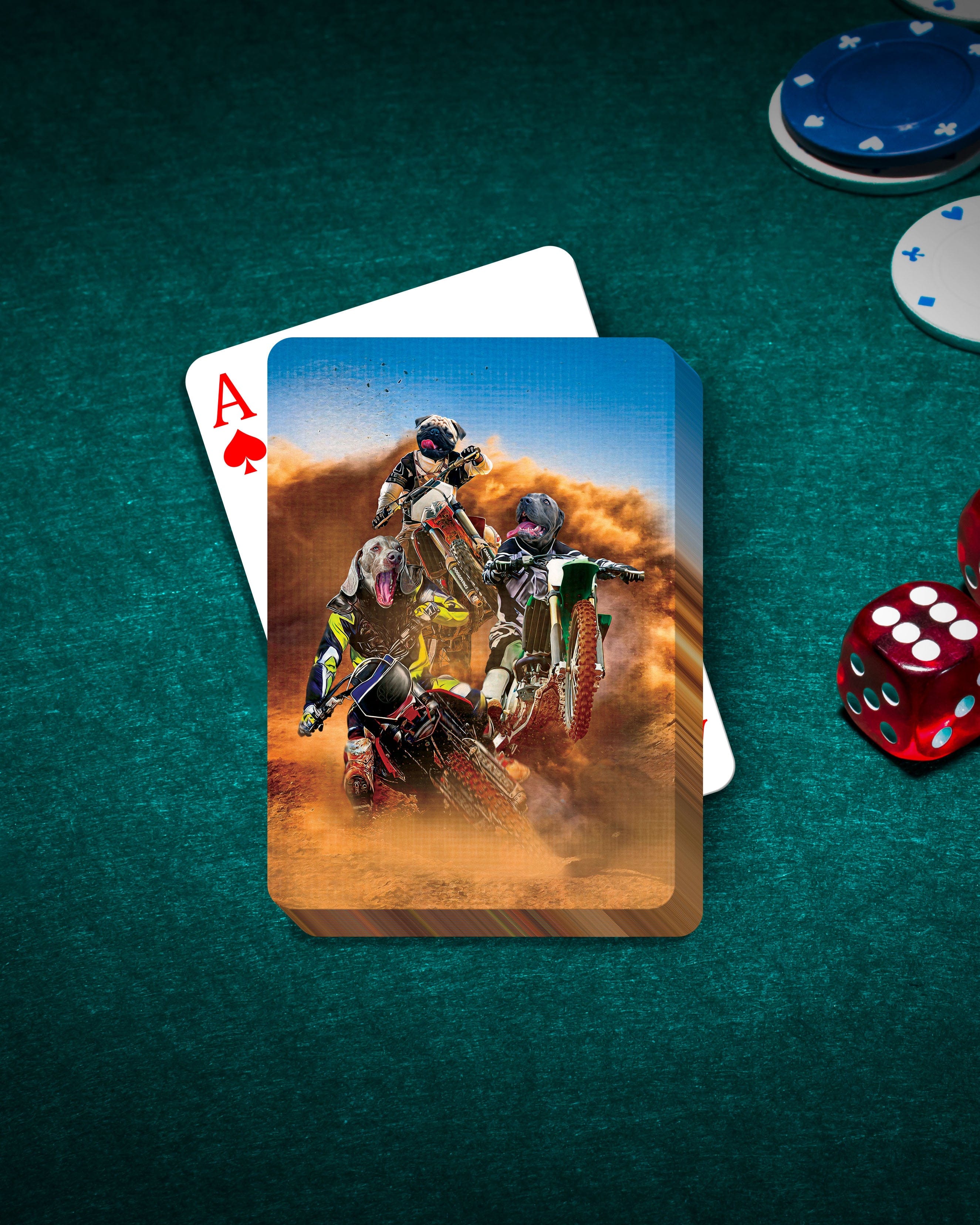 Personalized playing cards featuring three pets as motocross riders on a green felt table with dice and poker chips.