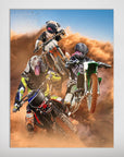 Personalized poster featuring three pets as motocross riders on dirt bikes, kicking up dust.