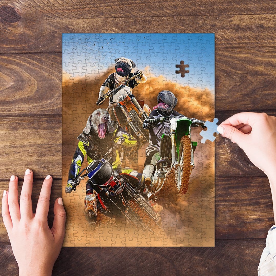 Personalized 3 pet motocross puzzle with dogs' faces on riders, one piece being placed.
