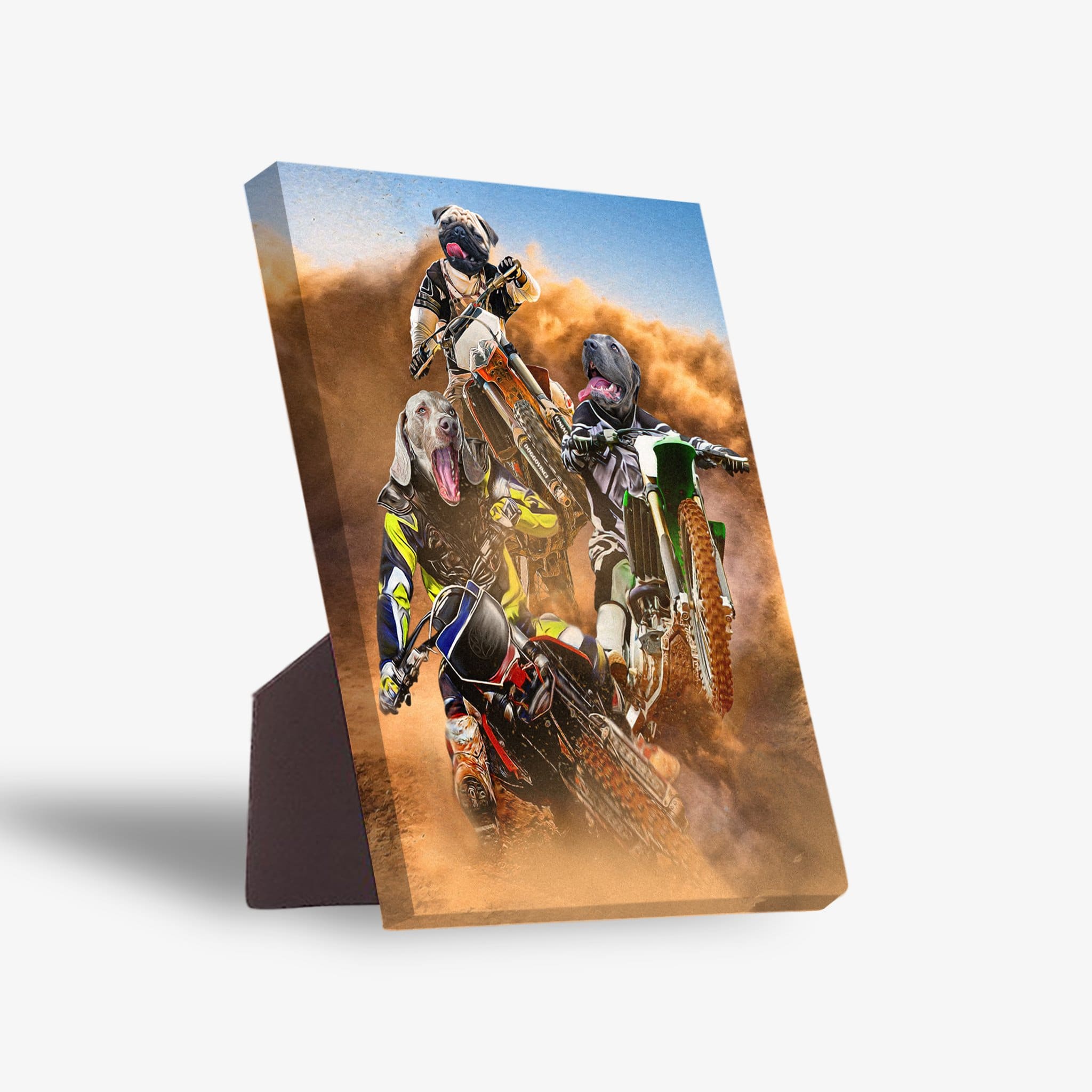 Personalized 3-pet motocross riders canvas with a standing easel back, featuring a dog and two other pets.
