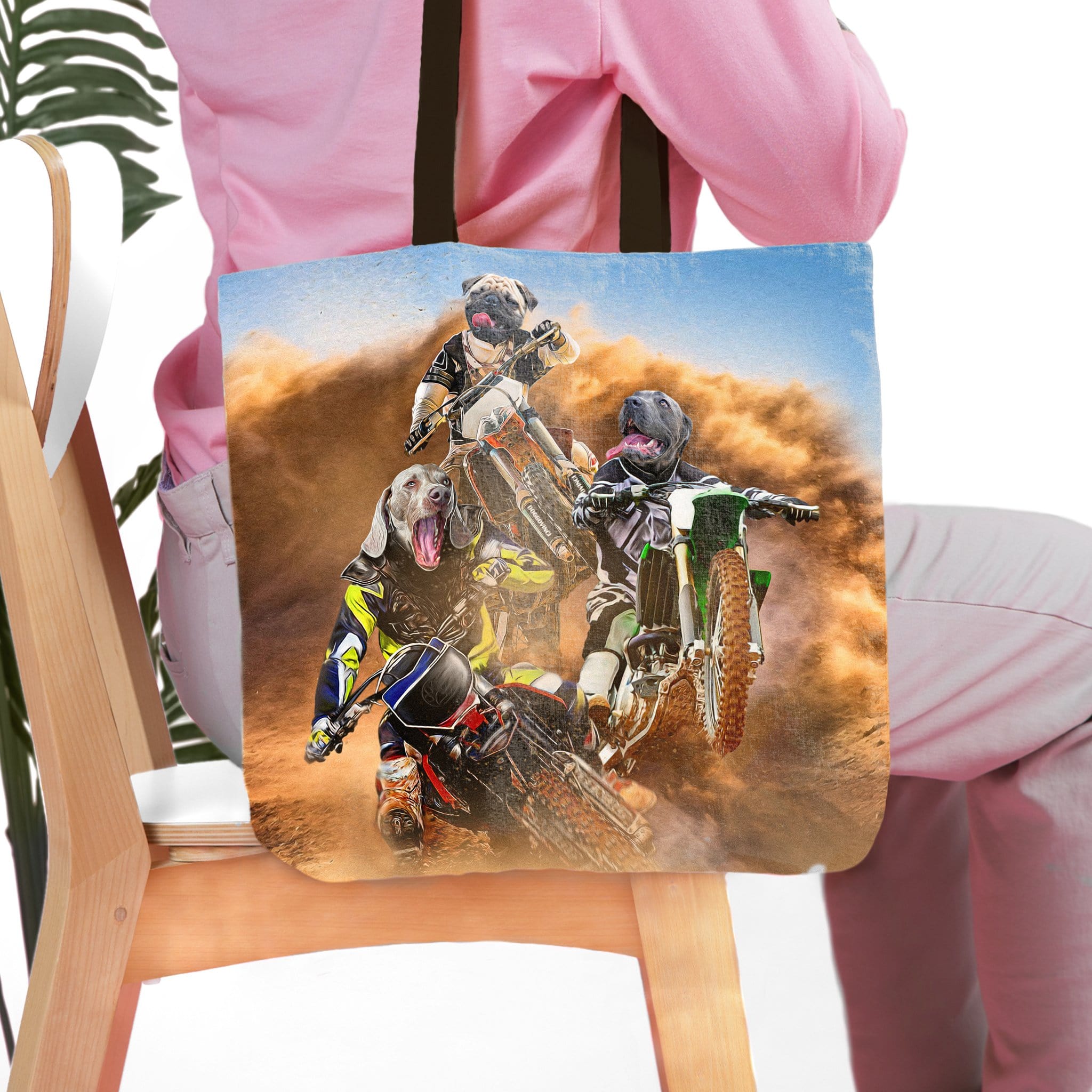 Personalized 3-pet tote bag featuring dogs as motocross riders in a dusty race scene.