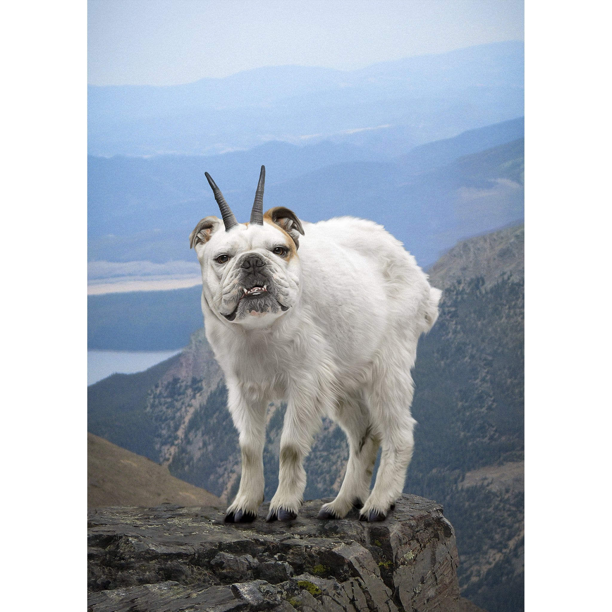 Custom digital portrait of a bulldog with goat horns and body on a mountain peak.