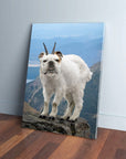 Personalized 'Mountain Doggoat' canvas featuring a bulldog's head on a white goat body, standing on a mountain peak.