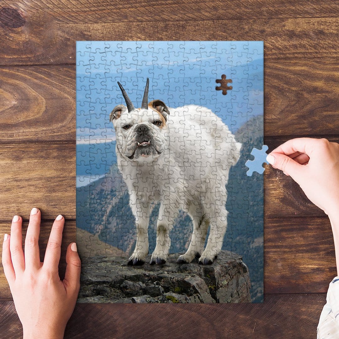 Personalized pet puzzle featuring a bulldog's face on a white doggoat body, standing on a mountain.