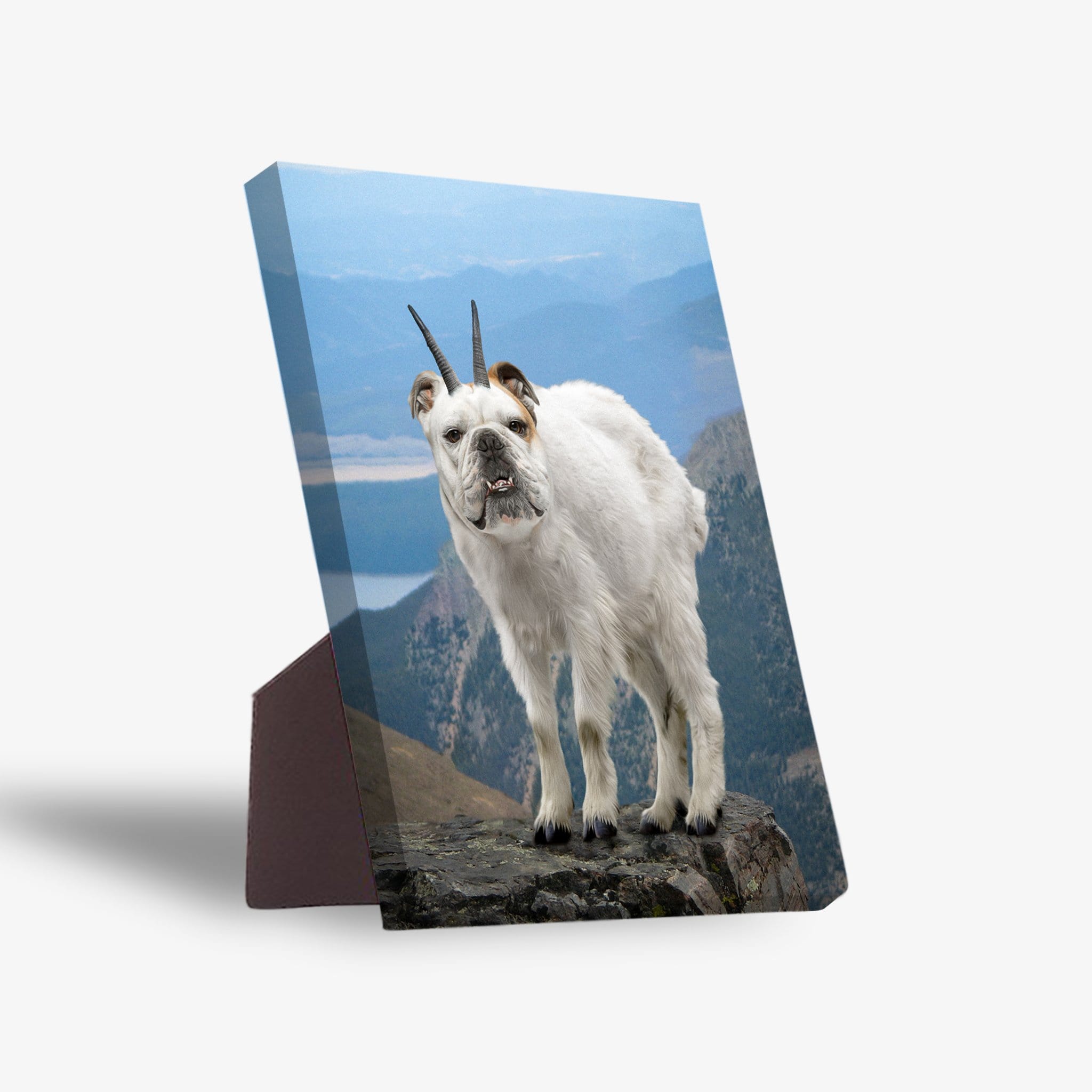 Personalized 'Mountain Doggoat' standing canvas featuring a bulldog-goat hybrid on a mountain peak.