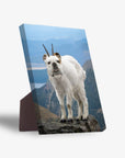 Personalized 'Mountain Doggoat' standing canvas featuring a bulldog-goat hybrid on a mountain peak.