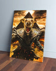 Custom pet canvas featuring a dog's head on a mummy-like figure in a fiery, ancient Egyptian setting.
