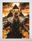 Personalized 'The Mummy' pet poster featuring a dog's head on an ancient Egyptian warrior's body with a pyramid and lava background.