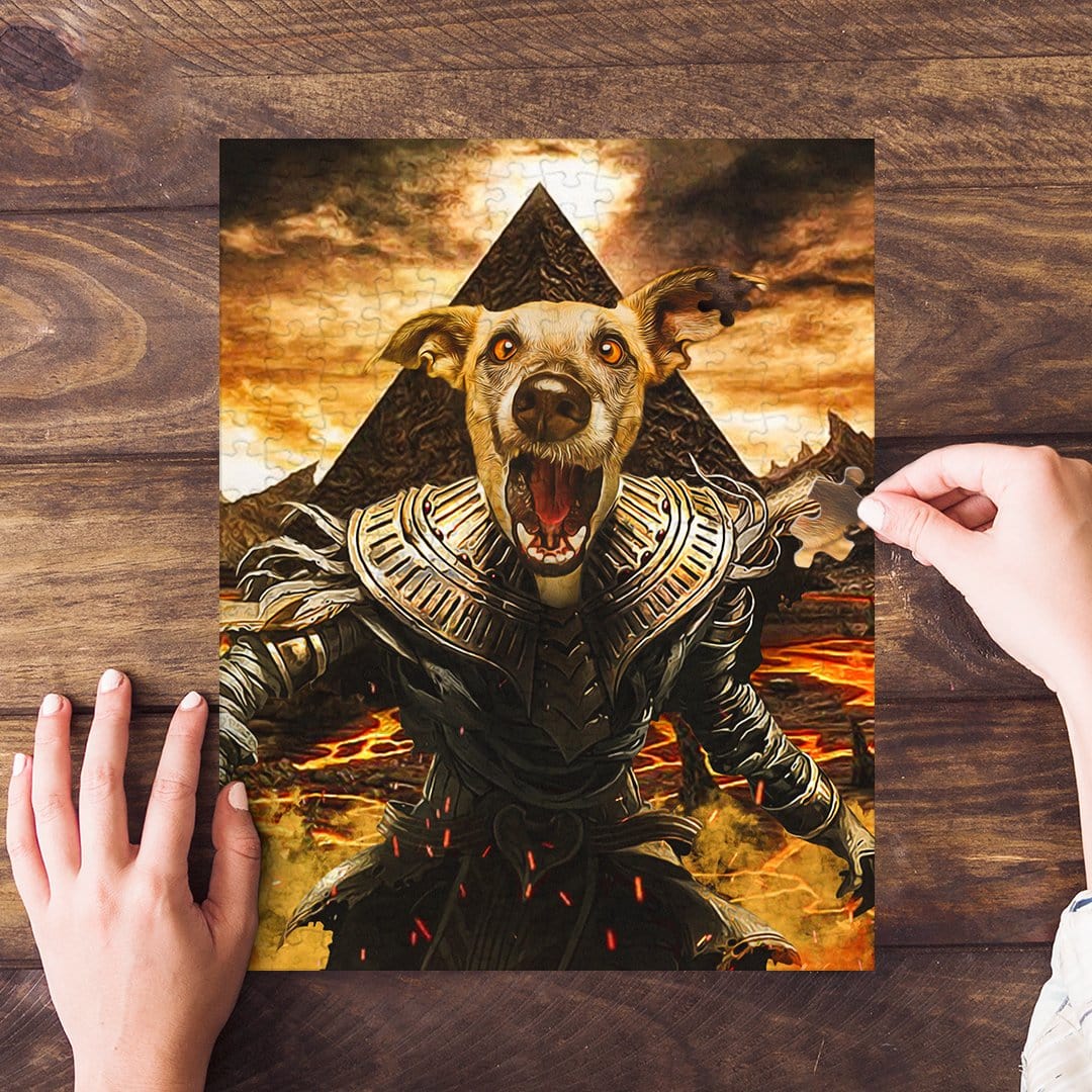 Personalized pet puzzle featuring a dog's face on a mummy-like figure with a pyramid background.