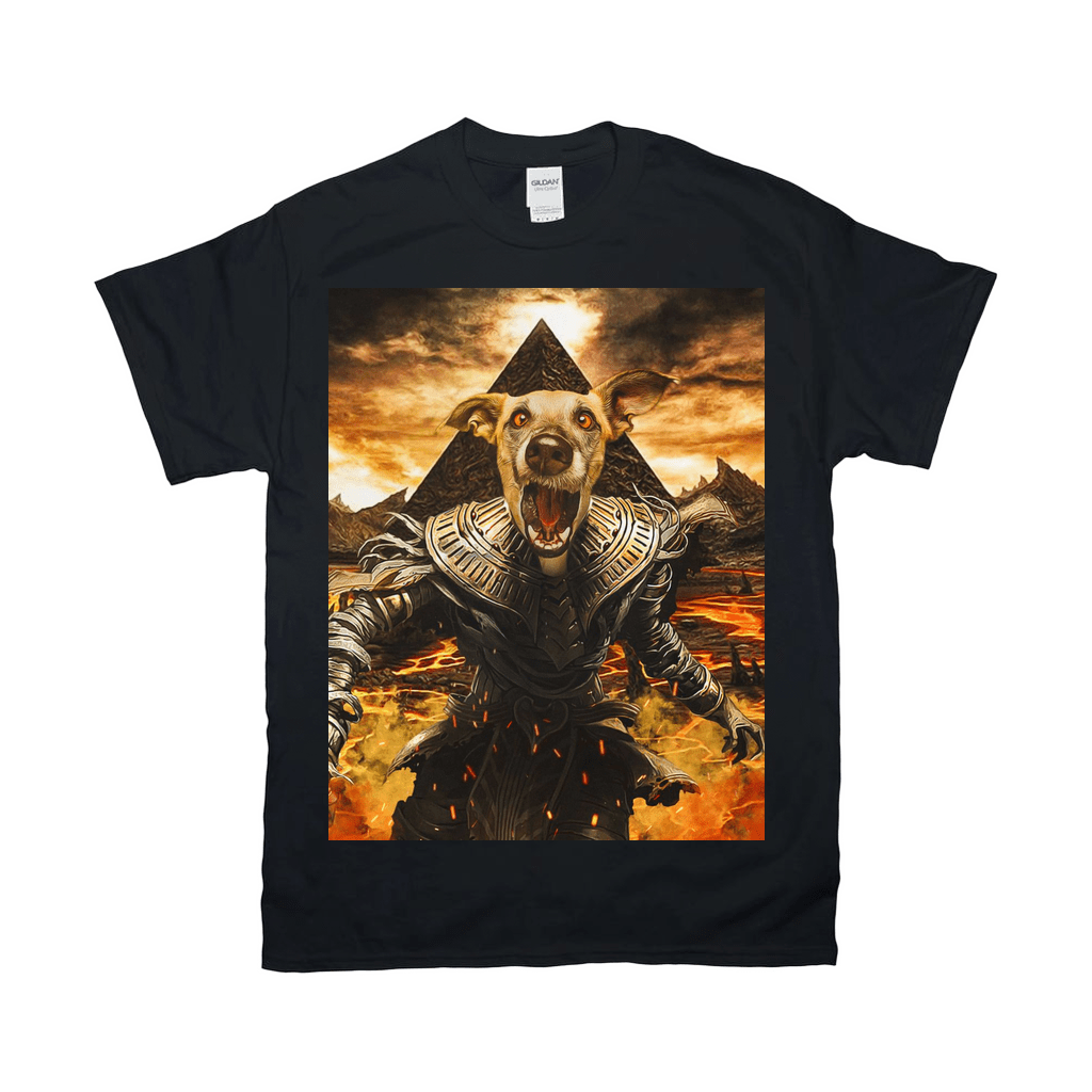 Black Gildan t-shirt with a personalized "Mummy" dog design, featuring a dog's head on an ancient warrior body.