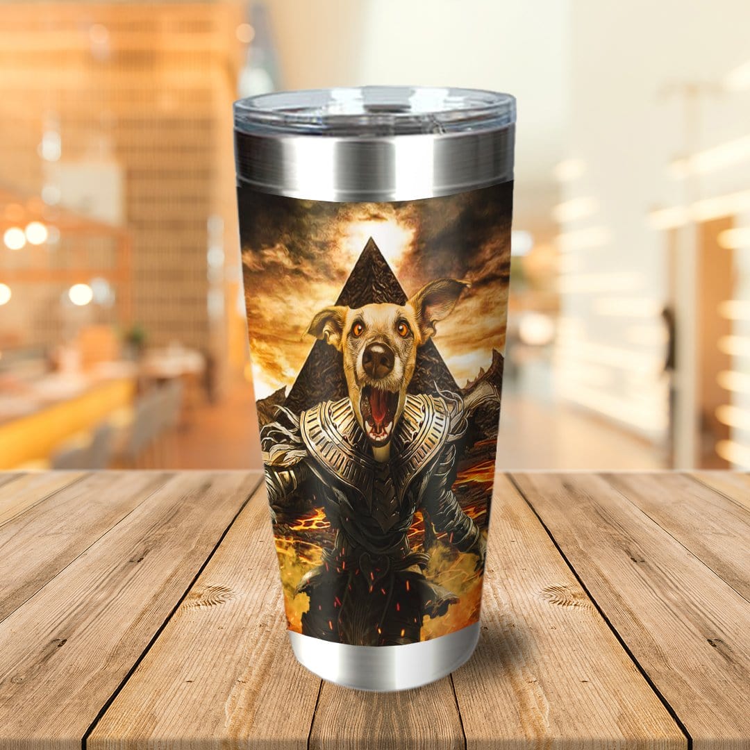 Personalized stainless steel tumbler with a dog in a mummy-themed, ancient Egyptian warrior portrait.