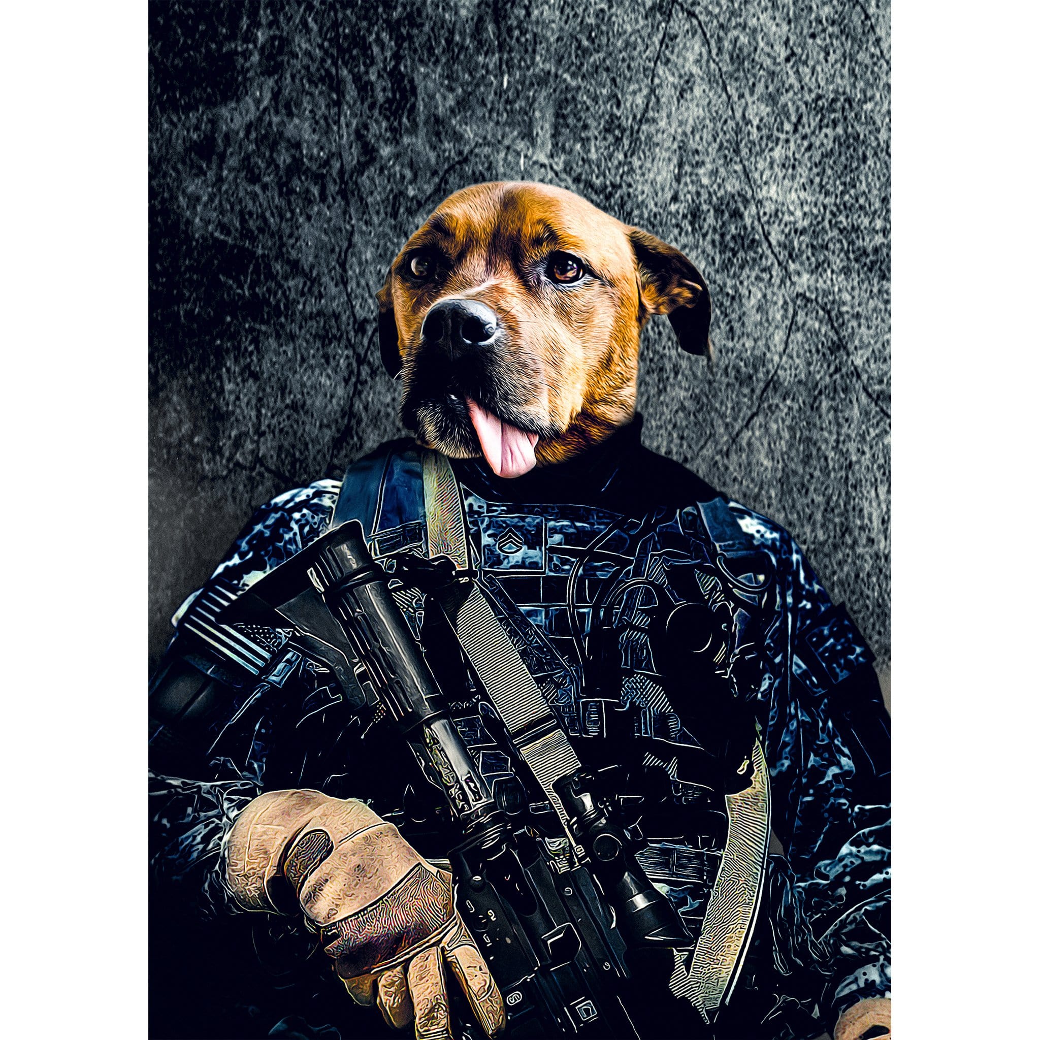 Custom digital portrait of a dog's head on a Navy veteran's body in military uniform.