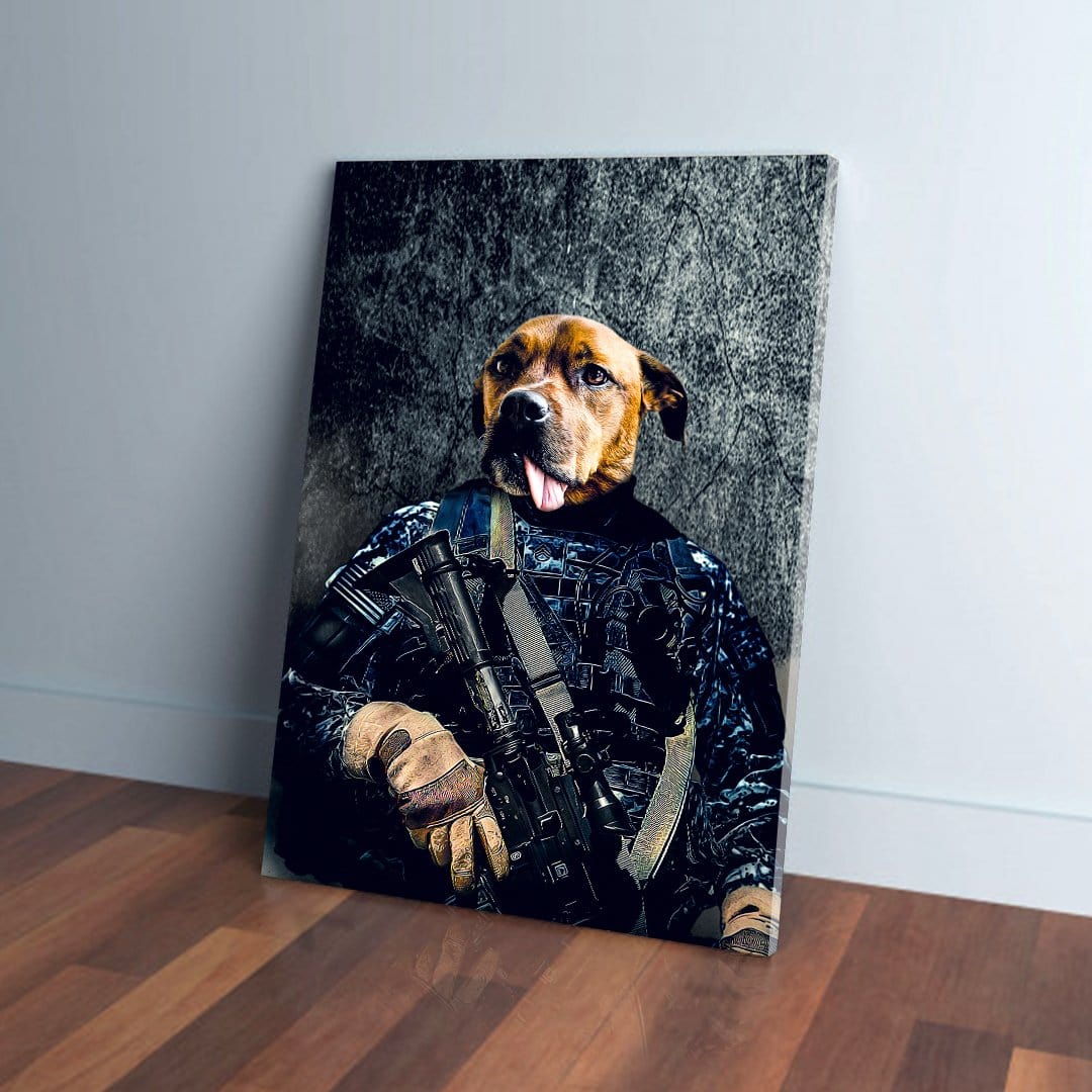 Custom pet canvas featuring a dog in a navy veteran uniform holding a rifle, leaning on a wall.
