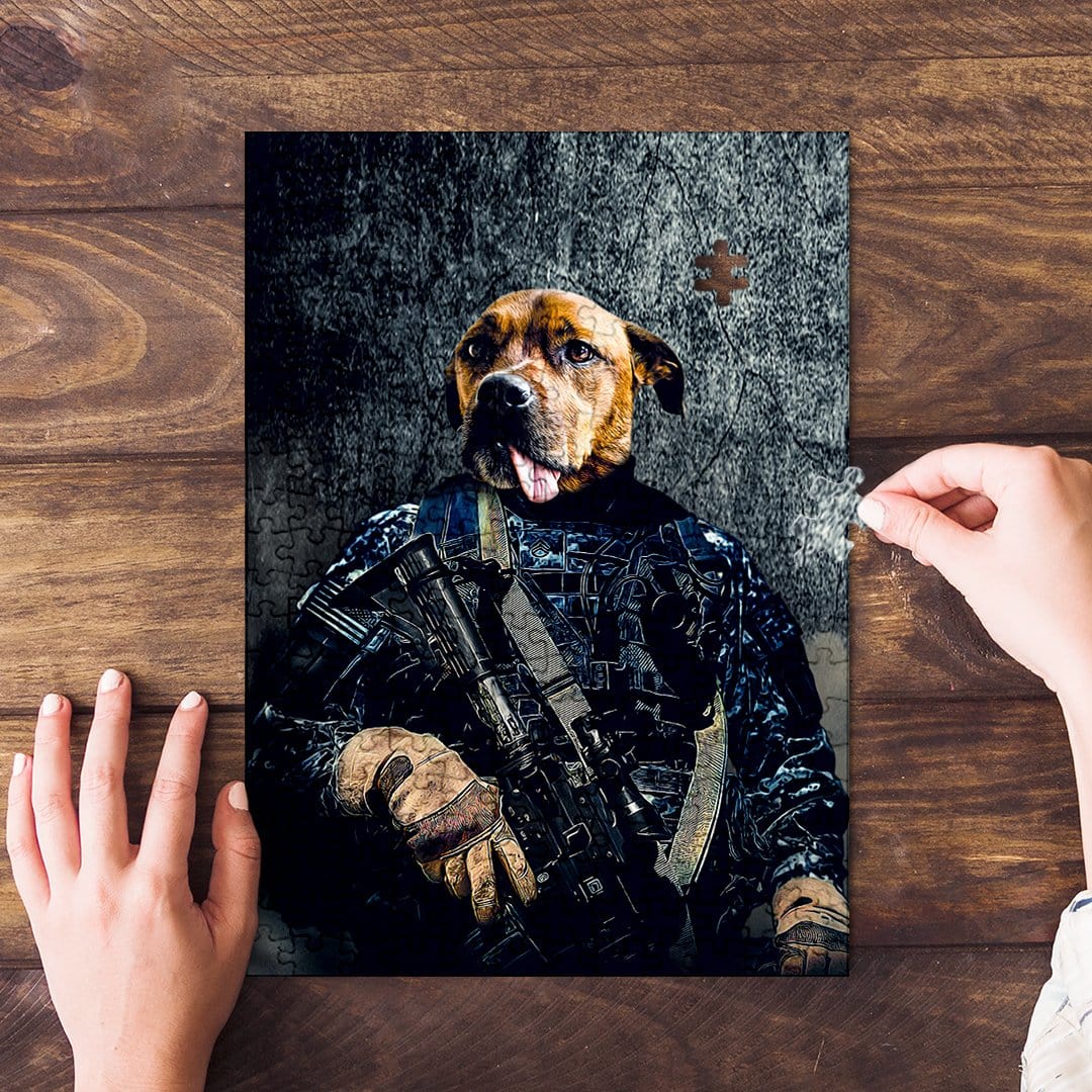 Custom pet puzzle featuring a dog's head on a Navy veteran's body in a military uniform.
