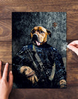 Custom pet puzzle featuring a dog's head on a Navy veteran's body in a military uniform.