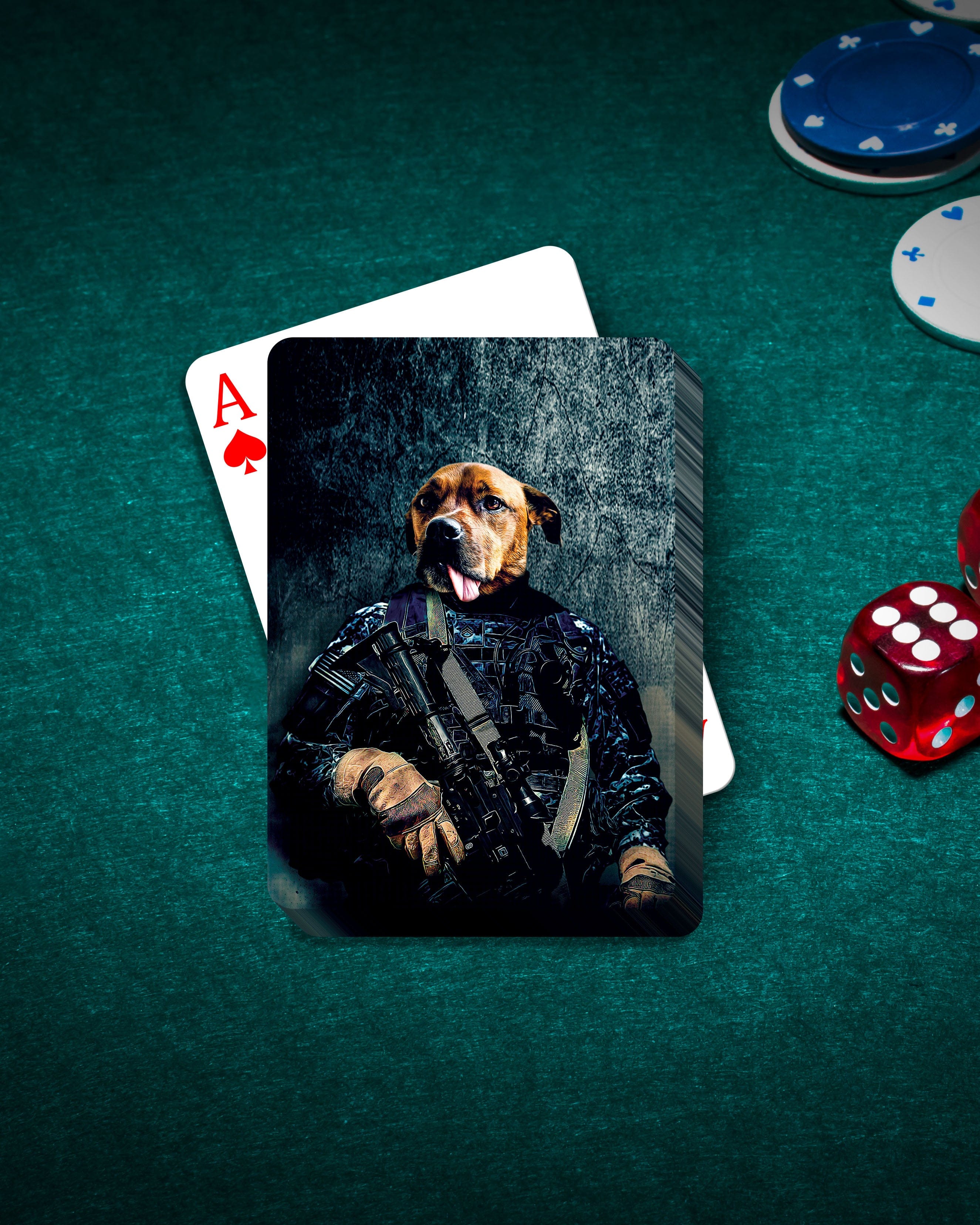 Personalized pet playing cards featuring a dog portrait in a Navy veteran uniform on a green felt table with chips and dice.