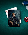 Personalized pet playing cards featuring a dog portrait in a Navy veteran uniform on a green felt table with chips and dice.