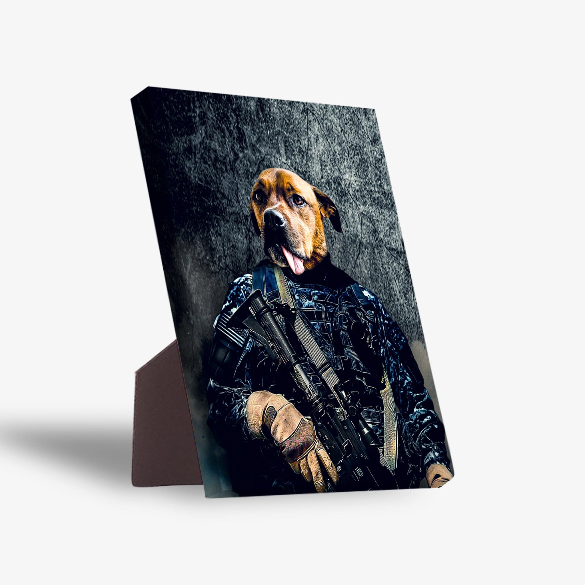 Personalized pet portrait canvas featuring a dog in a navy veteran tactical uniform holding a rifle, with a sturdy stand.