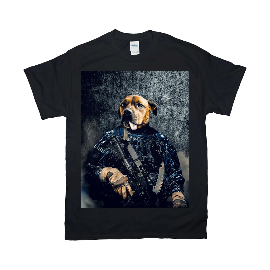 Black Gildan t-shirt featuring a personalized dog in a navy veteran uniform holding a rifle.