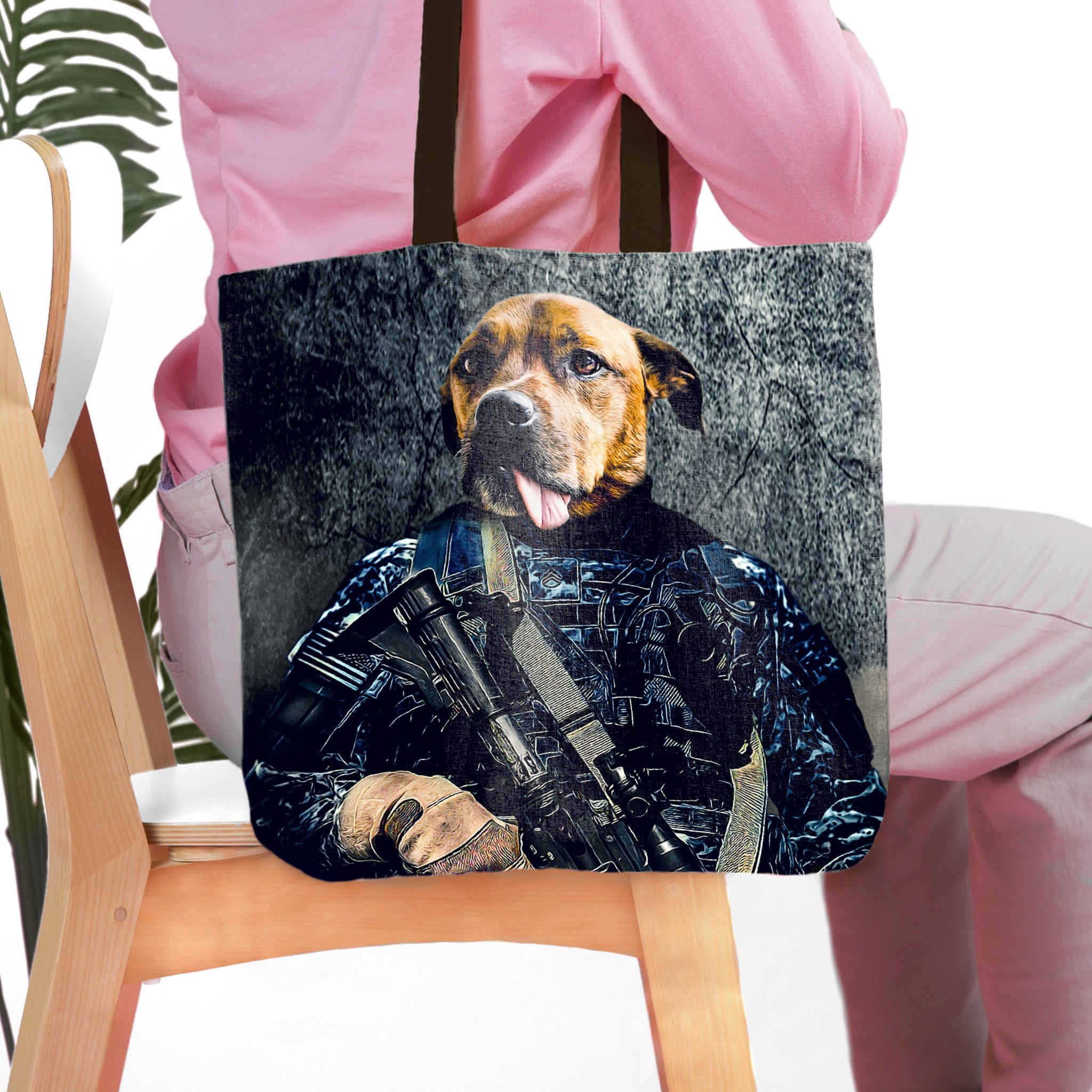Personalized tote bag with a custom pet portrait of a dog in a navy veteran uniform.