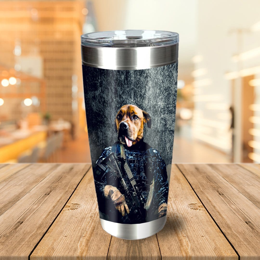 Personalized stainless steel tumbler with a custom dog portrait in a navy veteran uniform.