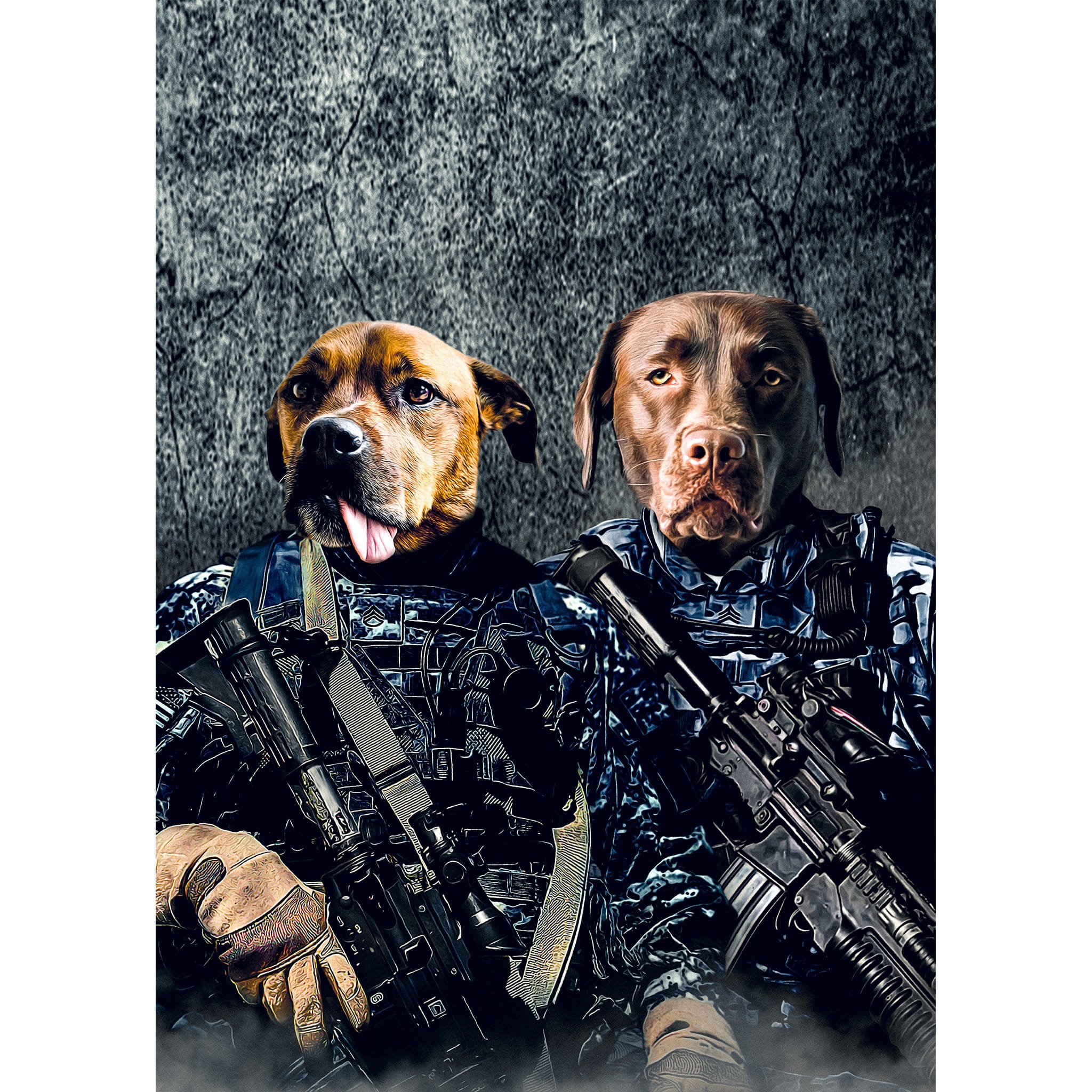 Custom digital portrait of two dogs as Navy veterans in tactical gear.