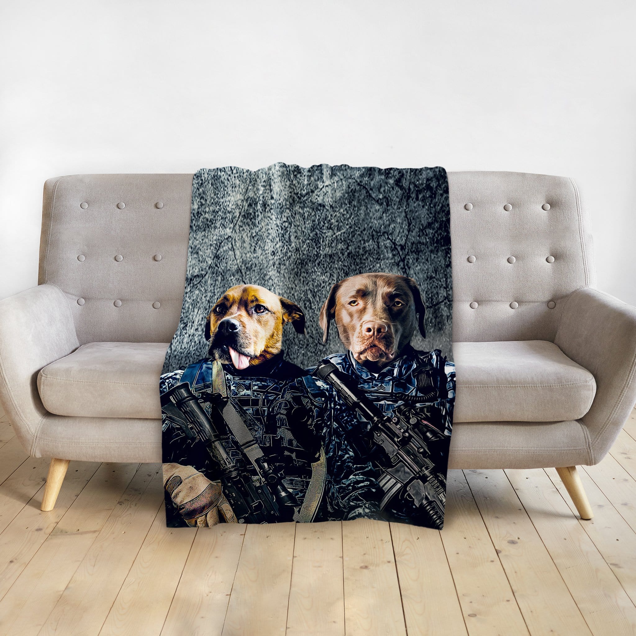 Personalized custom blanket with two dogs in military uniform portraits.