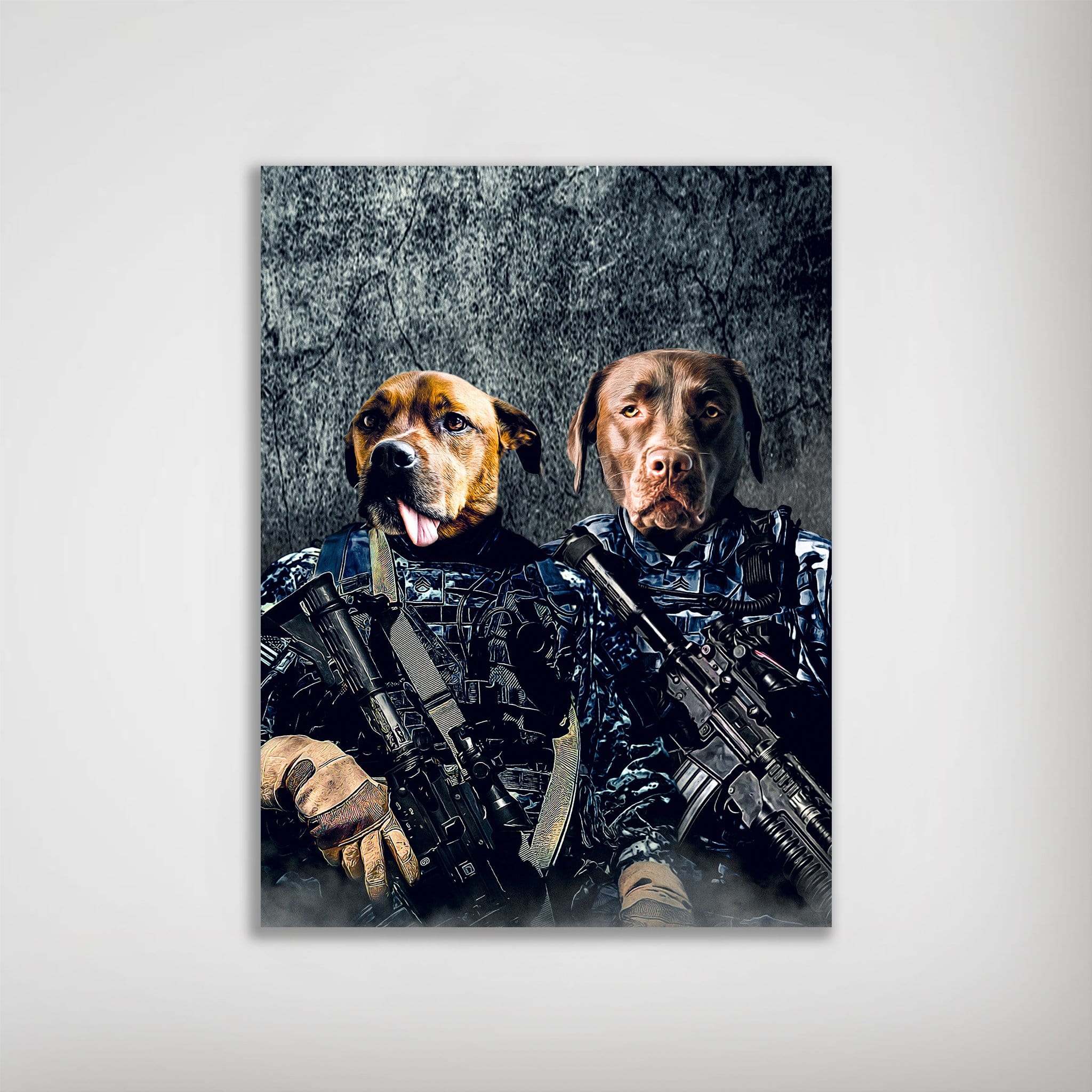 Personalized 'Navy Veterans' poster featuring two dogs in navy camouflage and holding rifles.
