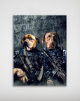 Personalized 'Navy Veterans' poster featuring two dogs in navy camouflage and holding rifles.