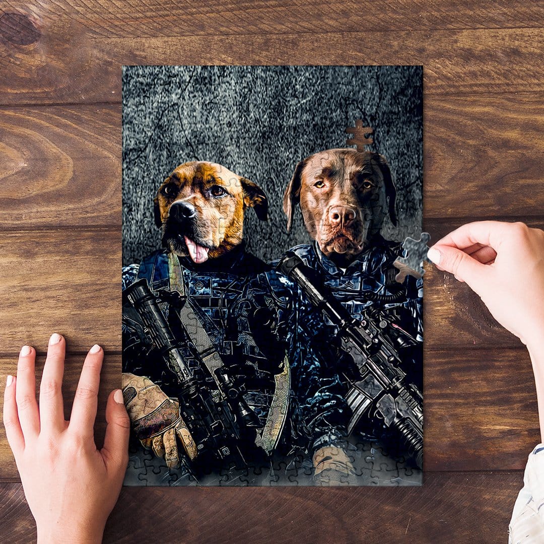 Personalized 2-pet puzzle featuring dogs in navy veteran uniforms, on a wooden background.