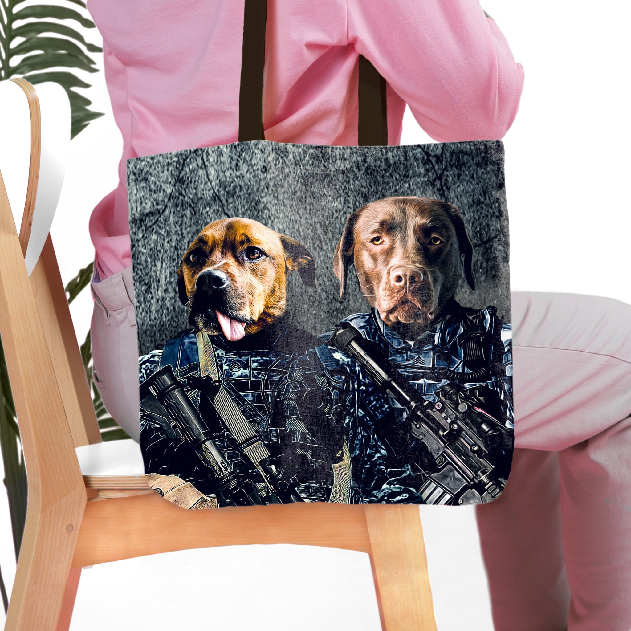 Personalized tote bag with two pet dog portraits in Navy veteran uniforms.