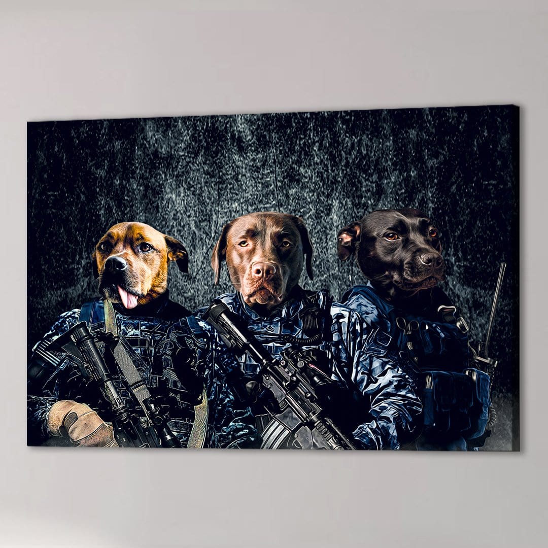 Personalized canvas featuring three pets dressed as navy veterans in blue camouflage, holding rifles.