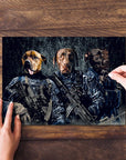 Personalized 3-pet puzzle featuring dogs in navy veteran uniforms, being assembled on a wooden table.